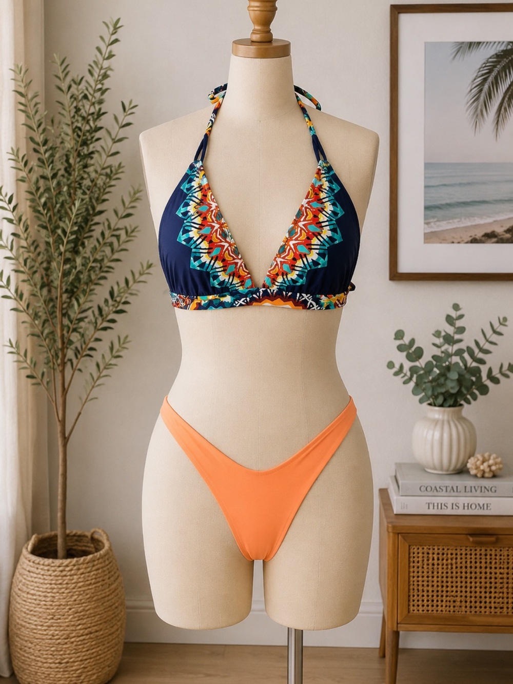 Women's Navy & Orange Printed Halter Bikini Set
